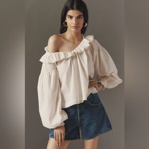 Anthropologie Pinstripe Ruffled V-Neck Blouse